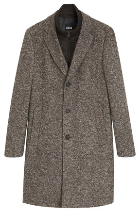 Manteau d’hiver texturé gris-brun avec revers, boutons et empiècement zippé pour homme par HUGO BOSS, vue avant