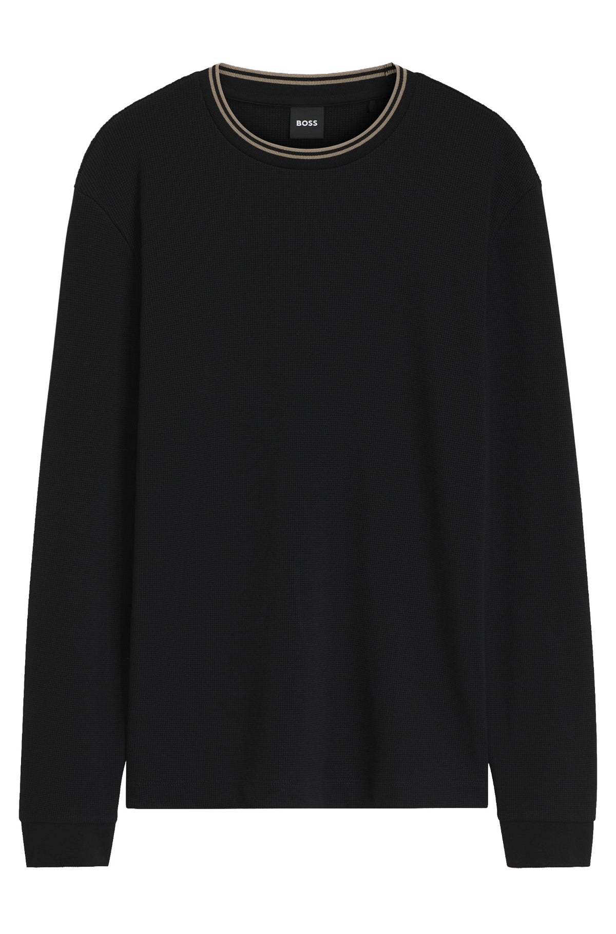 Chandail à manches longues foncé isolé, texture gaufrée et rayure beige au col rond pour homme par HUGO BOSS