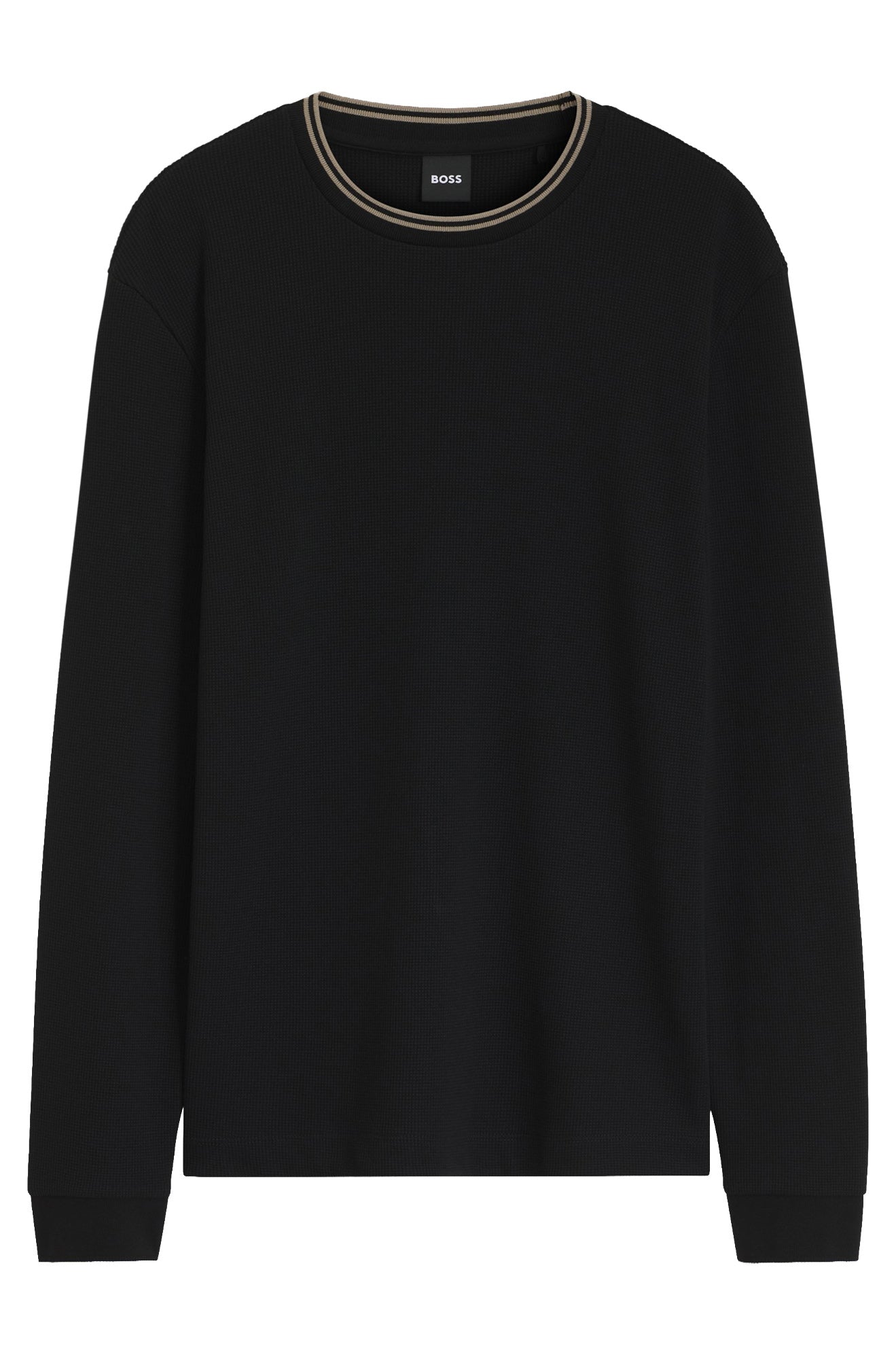 Chandail à manches longues foncé isolé, texture gaufrée et rayure beige au col rond pour homme par HUGO BOSS