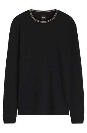 Chandail à manches longues foncé isolé, texture gaufrée et rayure beige au col rond pour homme par HUGO BOSS