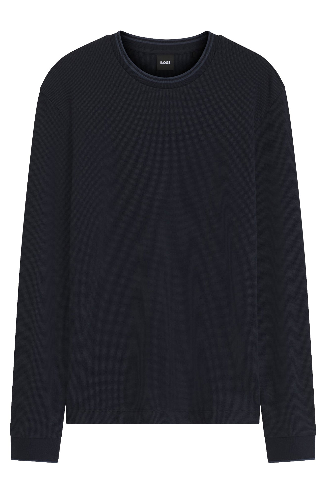 Chandail sport bleu marine à manches longues, texture gaufrée et poignets côtelés, vue produit pour homme par HUGO BOSS