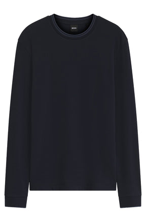 Chandail sport bleu marine à manches longues, texture gaufrée et poignets côtelés, vue produit pour homme par HUGO BOSS