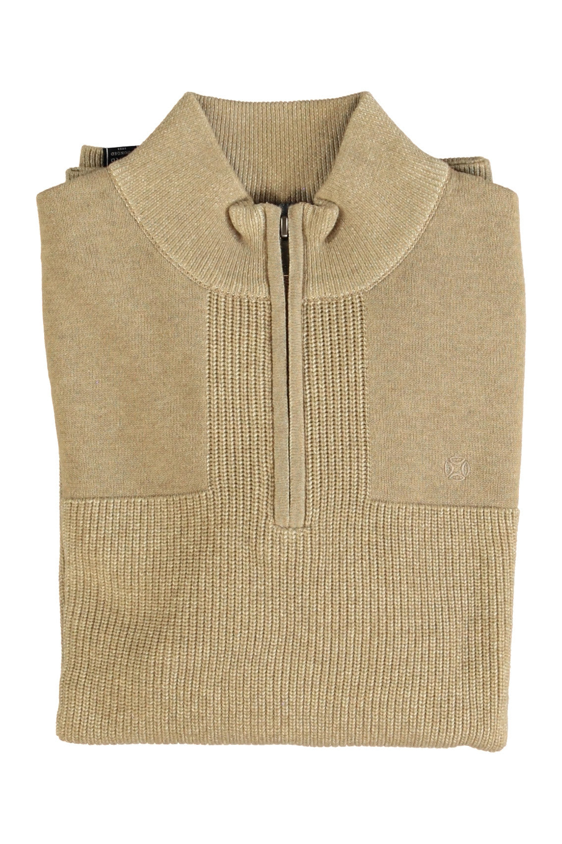 Fellows men's folded beige knit sweater with ribbed half-zip collar and small tonal chest logo, flat lay view