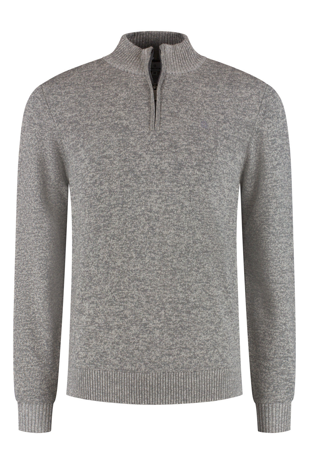 Chandail manches longues en tricot gris chiné à demi-fermeture éclair, col, poignets pour homme par Fellows, vue de face