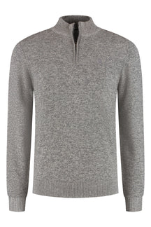 Chandail manches longues en tricot gris chiné à demi-fermeture éclair, col, poignets pour homme par Fellows, vue de face