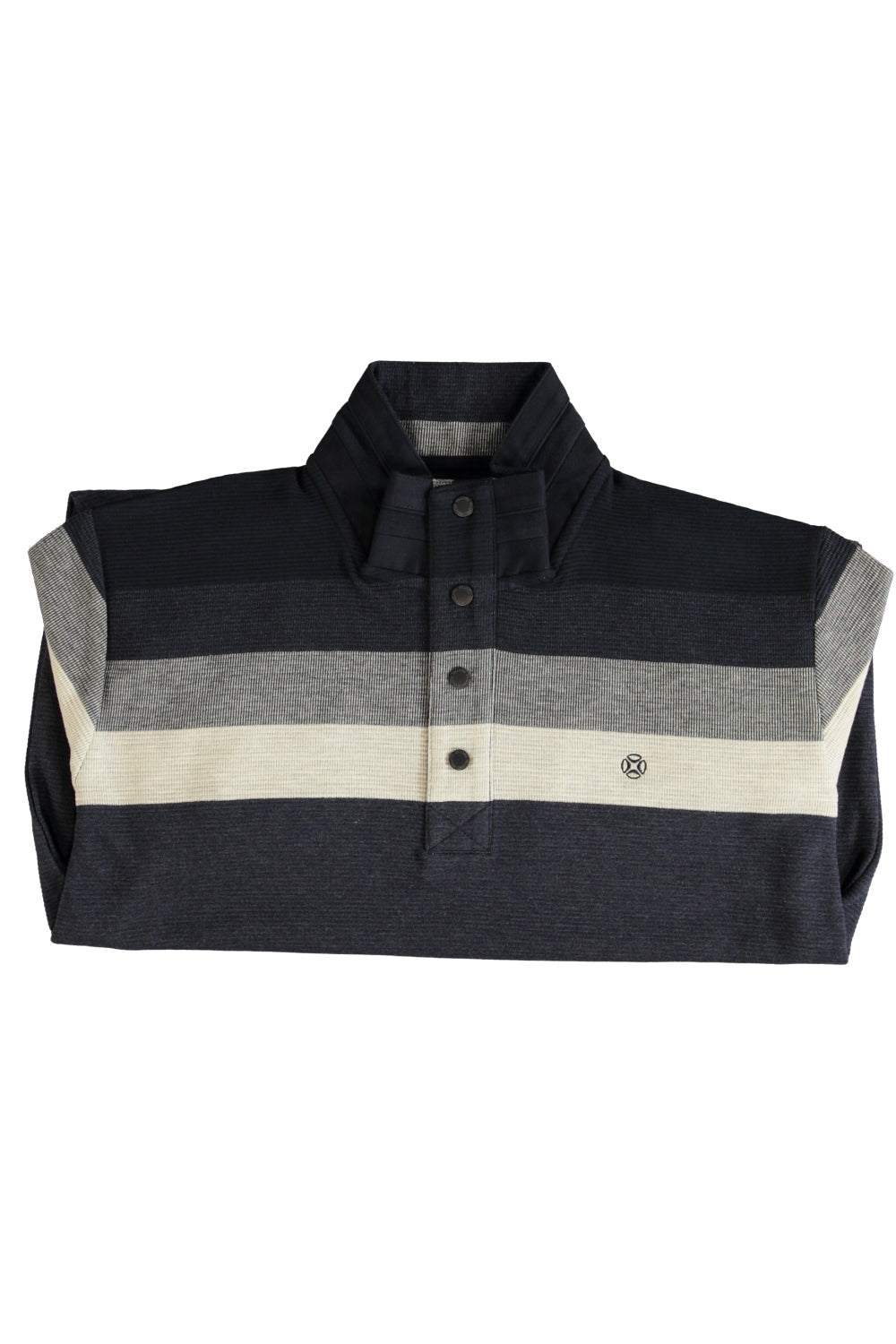 Fellows men's folded navy knit long-sleeve knit sweater showing stand collar, snap placket and ivory stripe, flat lay view