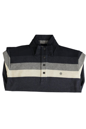 Fellows men's folded navy knit long-sleeve knit sweater showing stand collar, snap placket and ivory stripe, flat lay view
