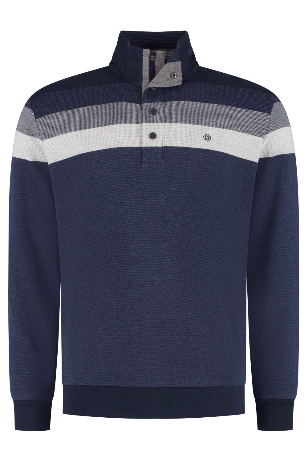 Fellows men's navy knit long-sleeve knit sweater with stand collar, gray, ivory chest stripes and snap placket, product view