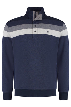 Fellows men's navy knit long-sleeve knit sweater with stand collar, gray, ivory chest stripes and snap placket, product view