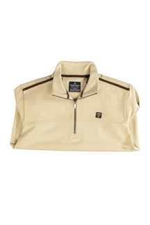 Chandail manches longues beige à demi-glissière, vue avant pliée avec empiècement quadrillé pour homme par Fellows
