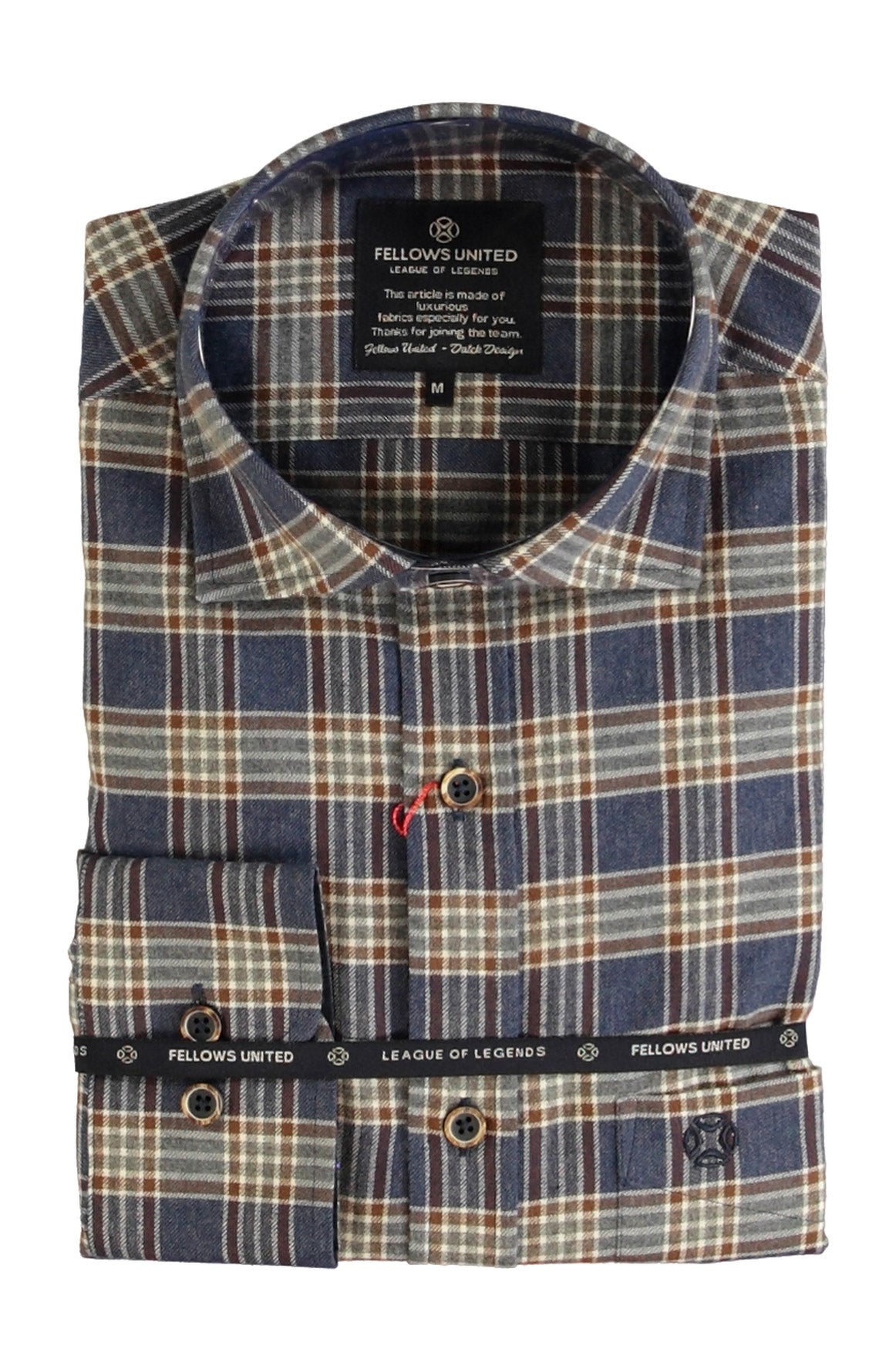 Men's folded blue plaid long sleeve button-up shirt showing collar, cuff, buttons, and brand label, flat lay view by Fellows