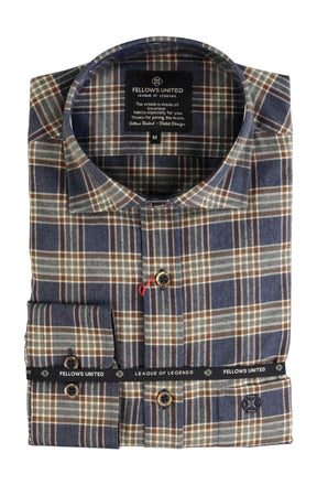 Men's folded blue plaid long sleeve button-up shirt showing collar, cuff, buttons, and brand label, flat lay view by Fellows
