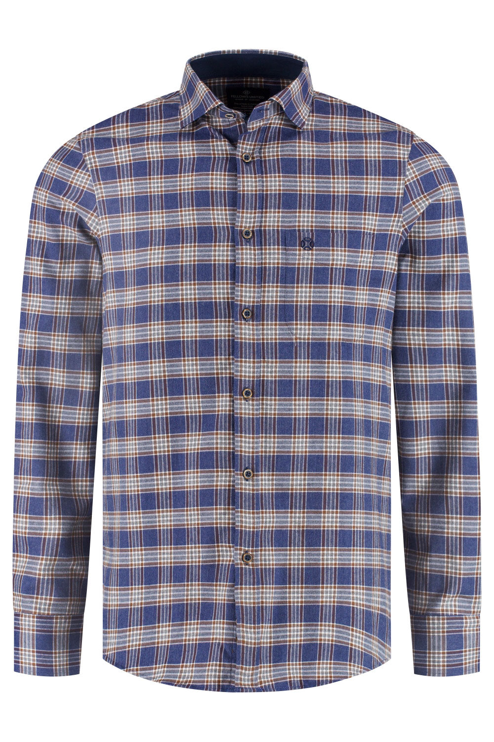 Fellows men's blue plaid long sleeve button-up shirt with pointed collar and chest embroidery shown from the front