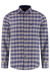Fellows men's blue plaid long sleeve button-up shirt with pointed collar and chest embroidery shown from the front