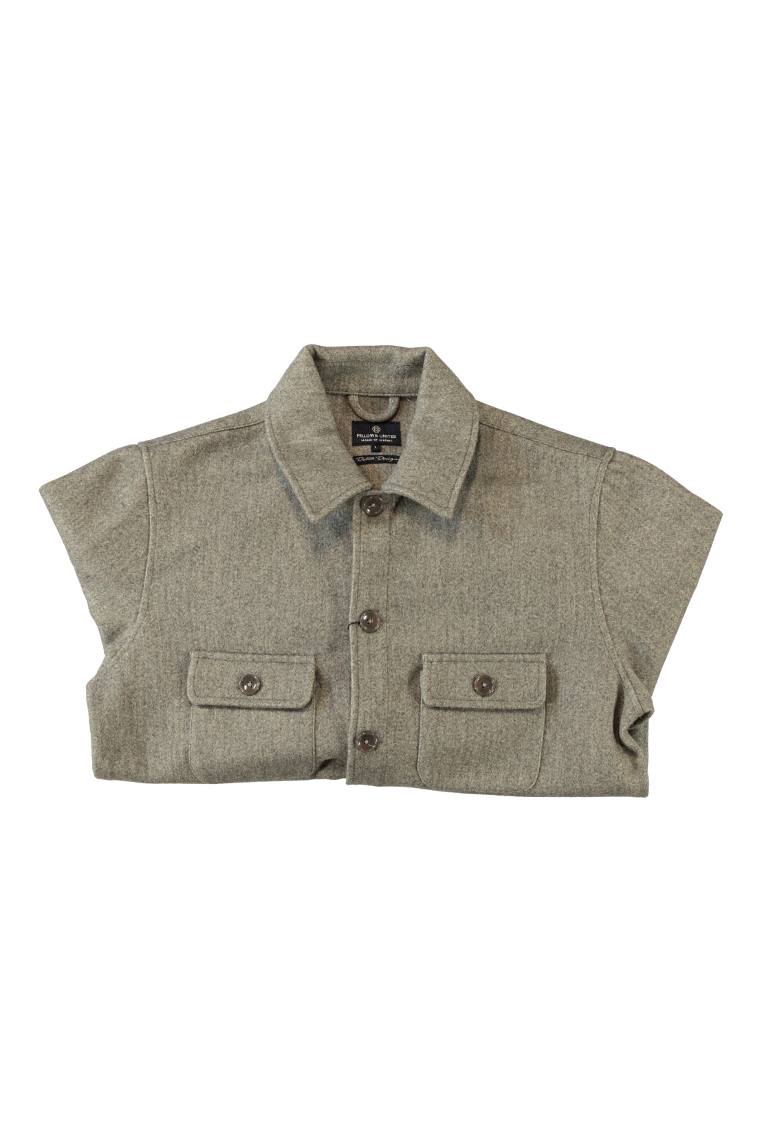 Men's folded grey sleeveless overshirt vest with collar, front buttons, and chest flap pockets, flat lay view by Fellows