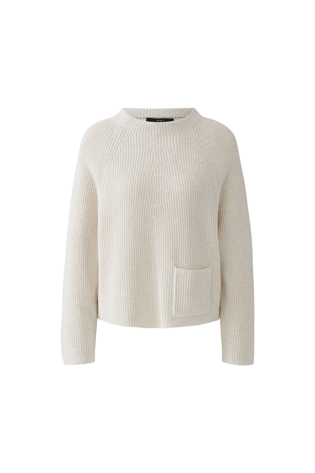 Oui women's cream rib-knit crewneck long-sleeve knit sweater with raglan seams and patch pocket shown from the front