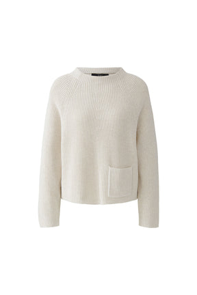 Oui women's cream rib-knit crewneck long-sleeve knit sweater with raglan seams and patch pocket shown from the front