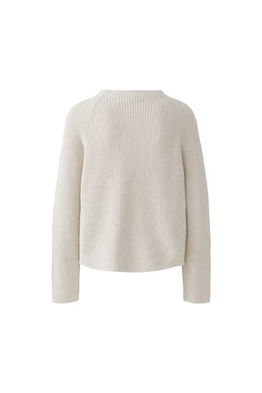 Oui women's cream rib-knit crewneck long-sleeve knit sweater with straight hem, isolated back view