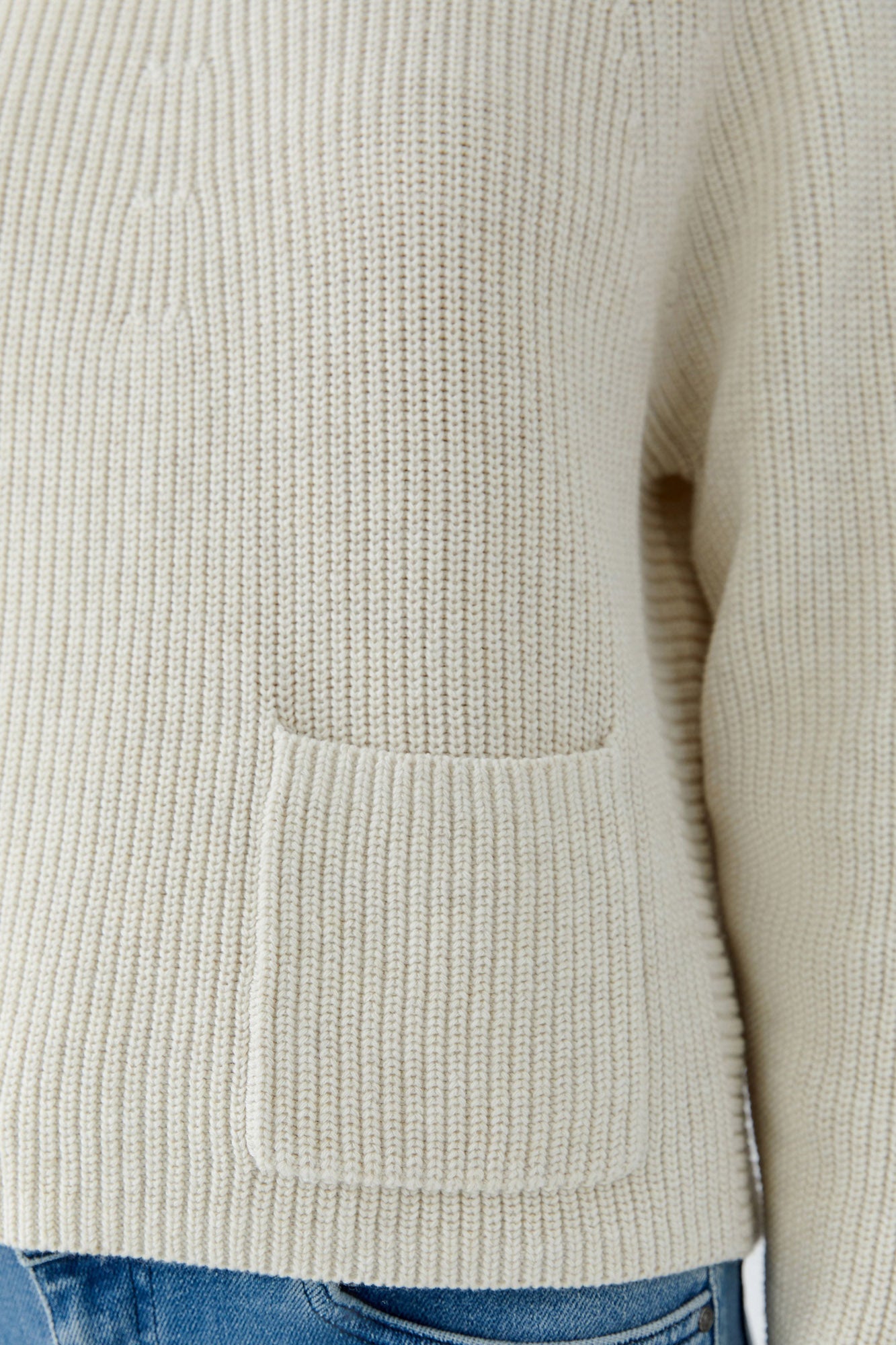 Oui women's cream rib-knit long-sleeve knit sweater texture and matching front patch pocket, close-up