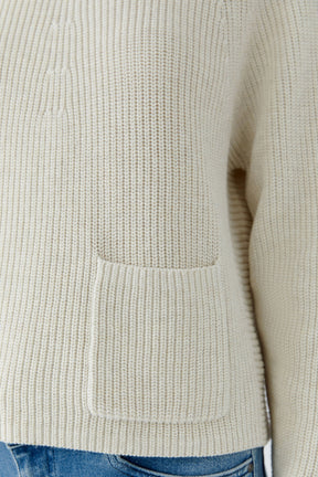 Oui women's cream rib-knit long-sleeve knit sweater texture and matching front patch pocket, close-up
