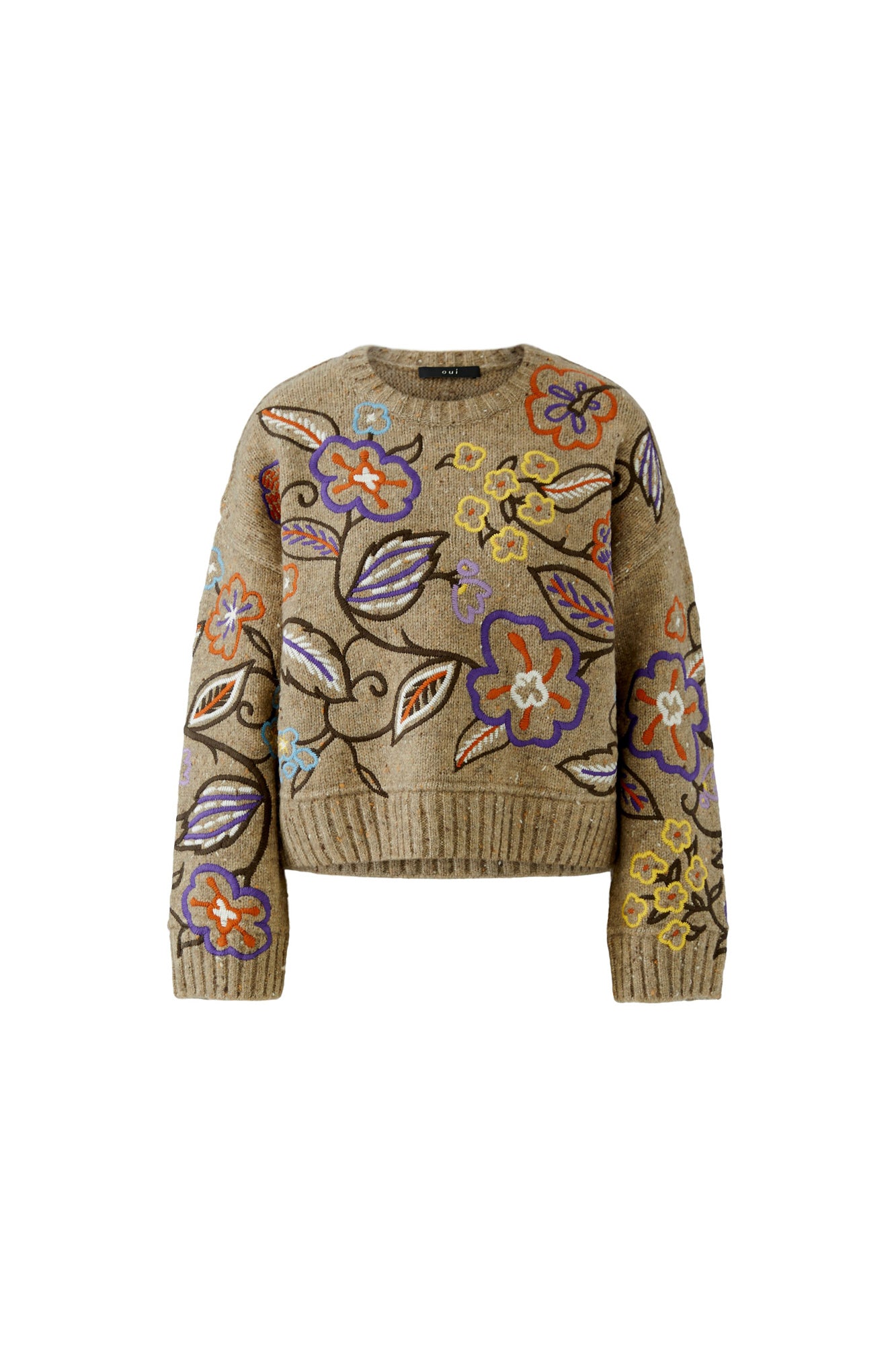 Oui women's oatmeal beige knit long-sleeve knit sweater with colorful floral embroidery and ribbed hem shown from the front