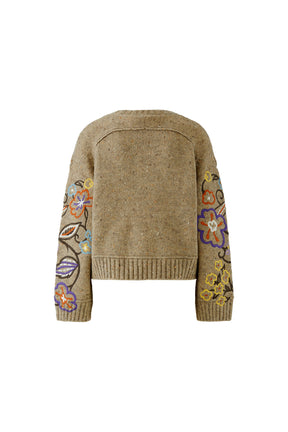 Oui women's oatmeal beige knit long-sleeve knit sweater with plain back panel and embroidered sleeves, isolated back view