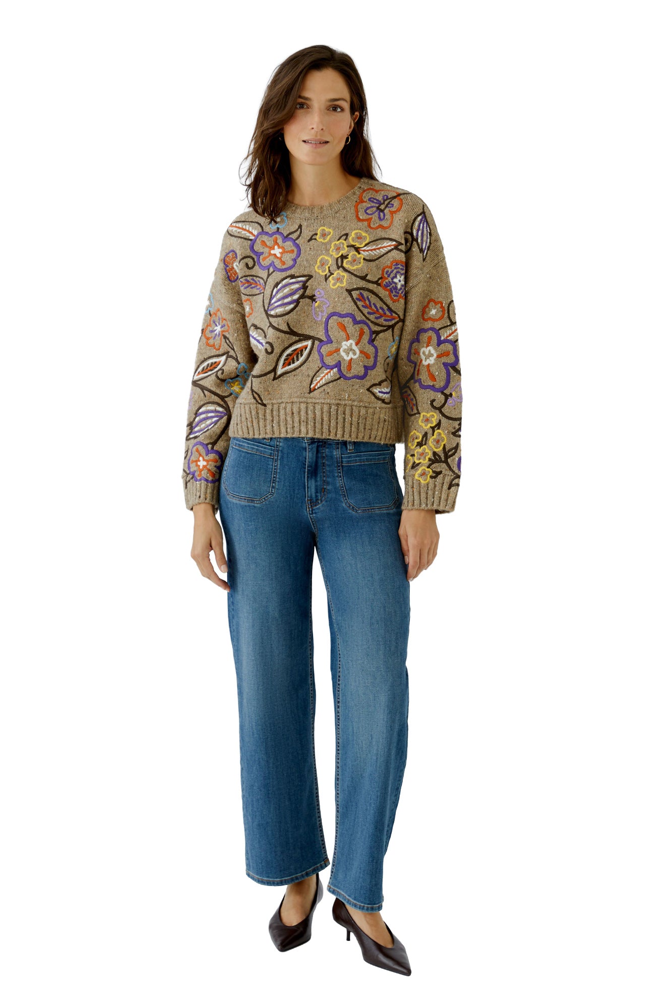 Oui women's full front model view of cropped oatmeal beige knit long-sleeve knit sweater with multicolor floral embroidery
