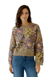 Oui women's oatmeal beige crewneck knit long-sleeve knit sweater with colorful floral embroidery, front model view