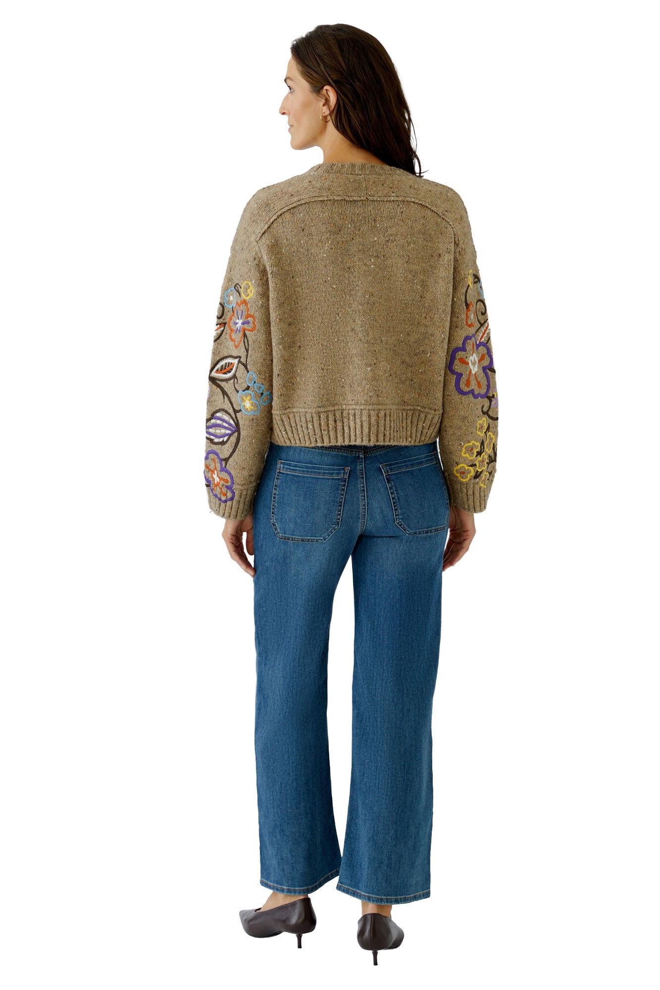 Oui women's cropped oatmeal beige knit long-sleeve knit sweater with embroidered sleeves and ribbed hem, back model view