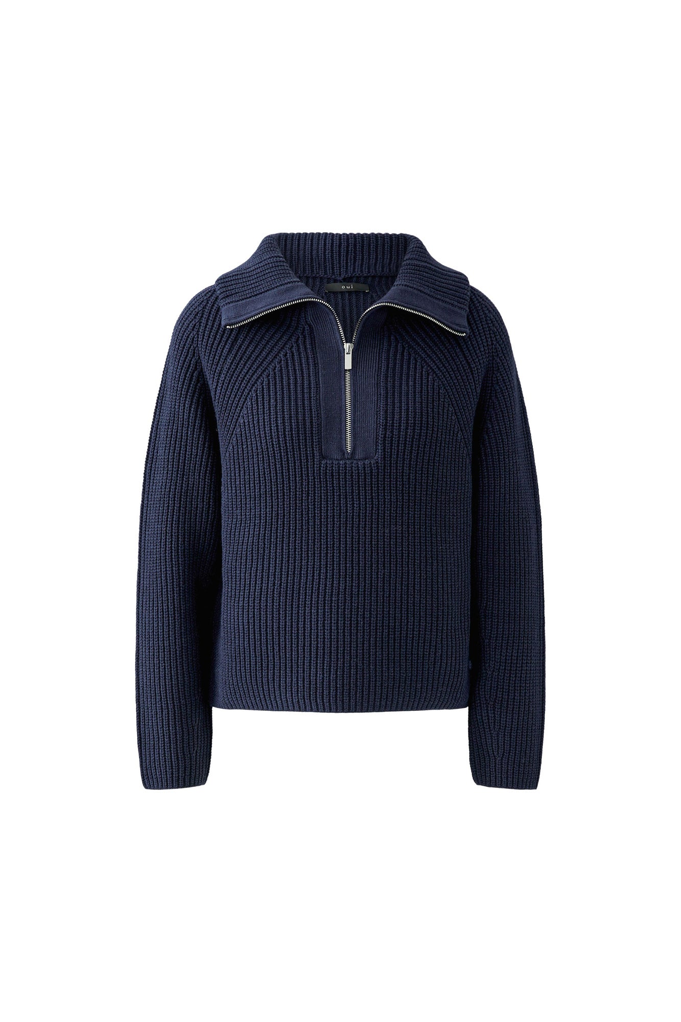 Oui women's navy ribbed knit half-zip sweater with silver zipper and wide collar shown from the front