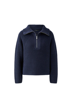 Oui women's navy ribbed knit half-zip sweater with silver zipper and wide collar shown from the front