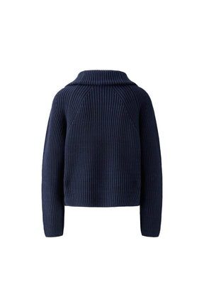 Oui women's navy ribbed knit half-zip sweater with foldover collar and raglan seams, back product view
