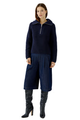 Oui women's navy ribbed knit half-zip sweater with wide collar and straight hem, front model view