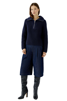 Oui women's navy ribbed knit half-zip sweater with wide collar and straight hem, front model view