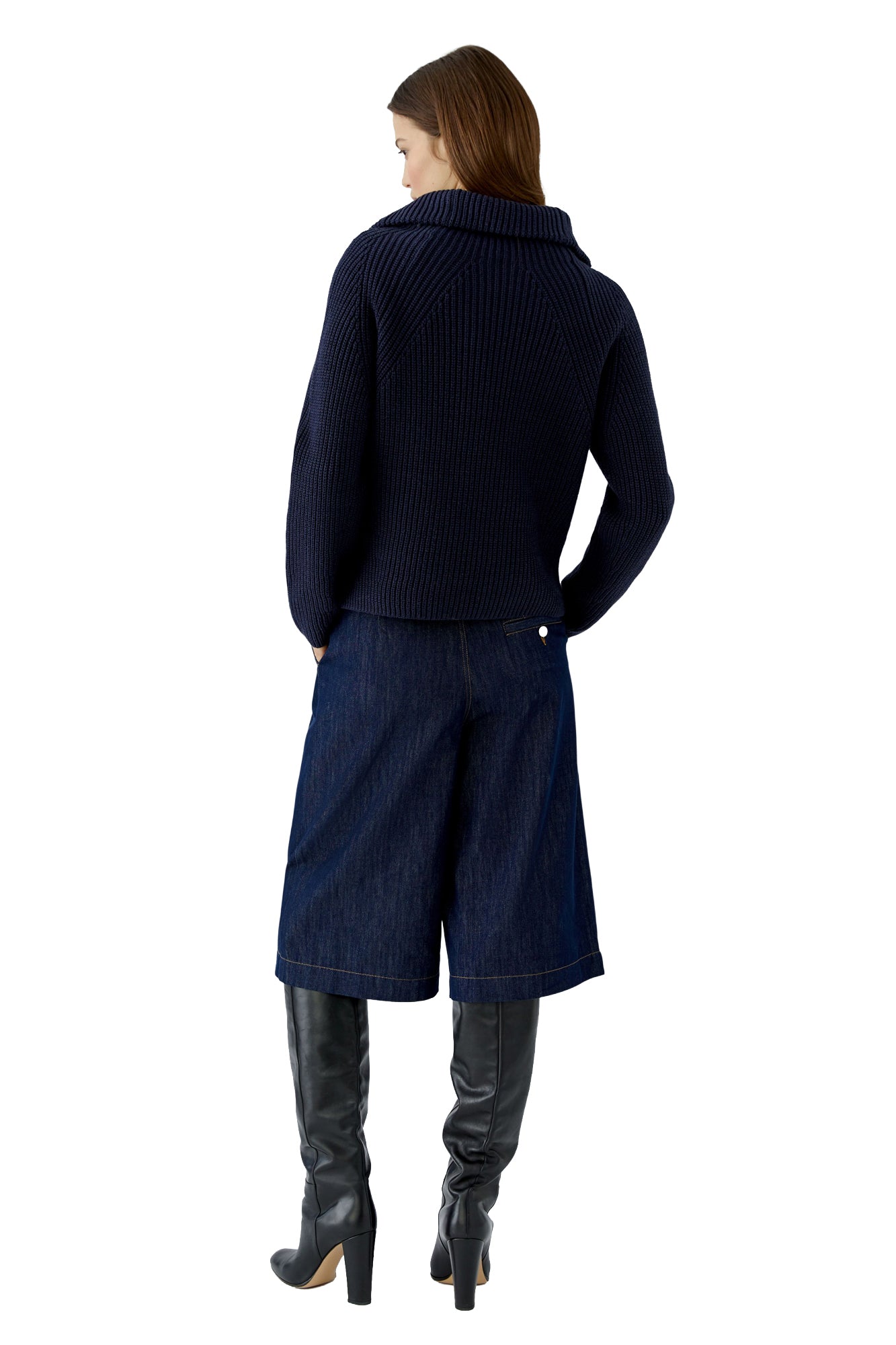 Back view of women's navy ribbed knit half-zip sweater with foldover collar and raglan sleeves by Oui