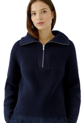 Oui women's close front view of navy ribbed knit half-zip sweater showing collar, zipper, and knit texture