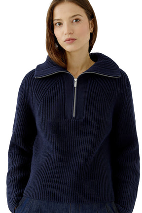Oui women's close front view of navy ribbed knit half-zip sweater showing collar, zipper, and knit texture