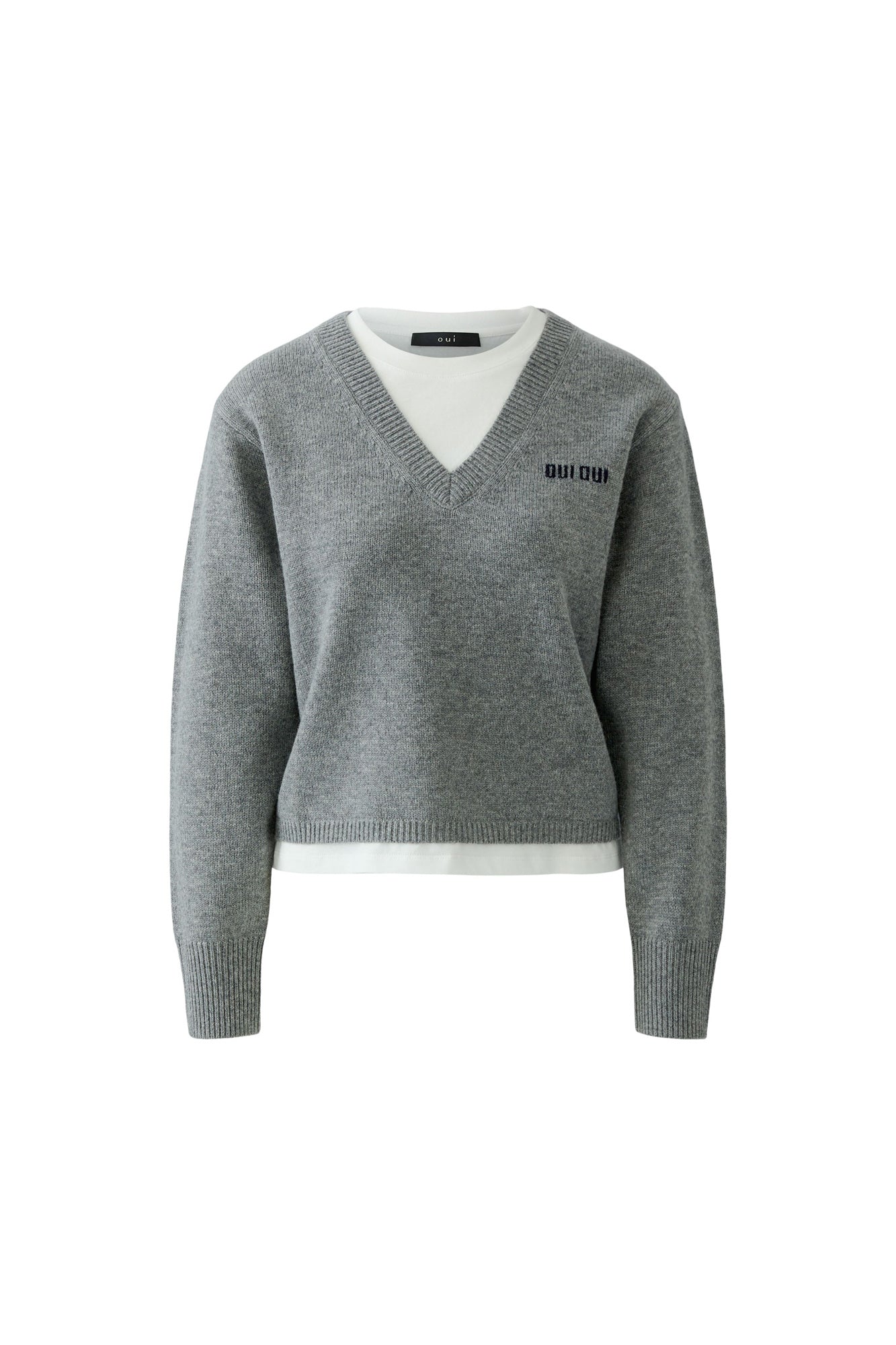 Oui women's gray V-neck knit long-sleeve knit sweater with white layer and ribbed trim, isolated front view