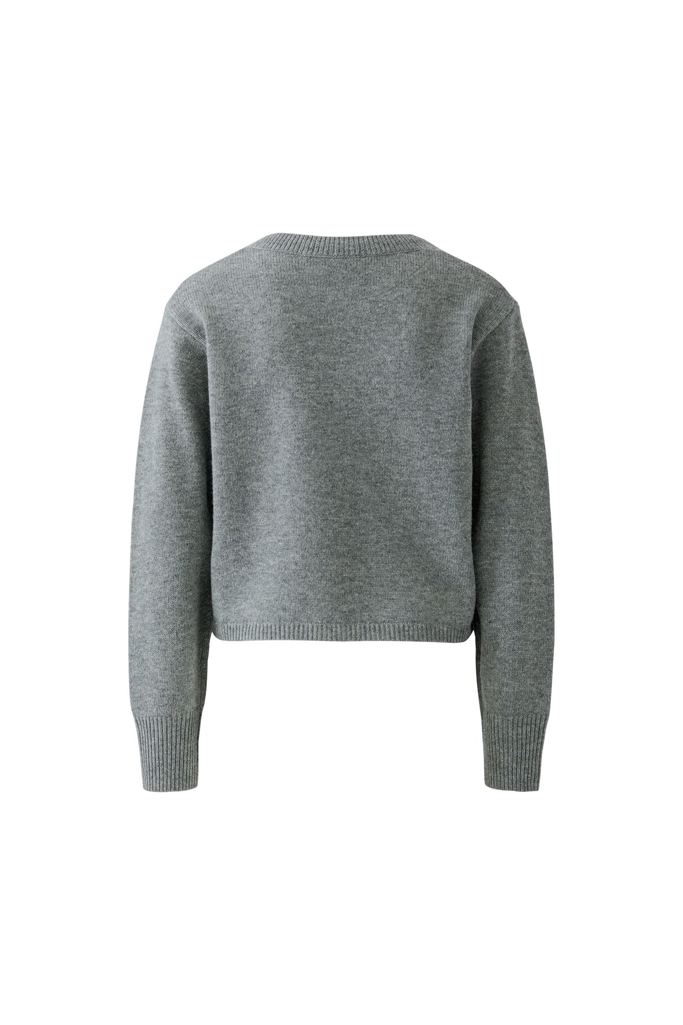 Oui women's gray knit long-sleeve knit sweater with ribbed crew neckline, cuffs, and hem, isolated back view