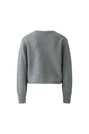 Oui women's gray knit long-sleeve knit sweater with ribbed crew neckline, cuffs, and hem, isolated back view