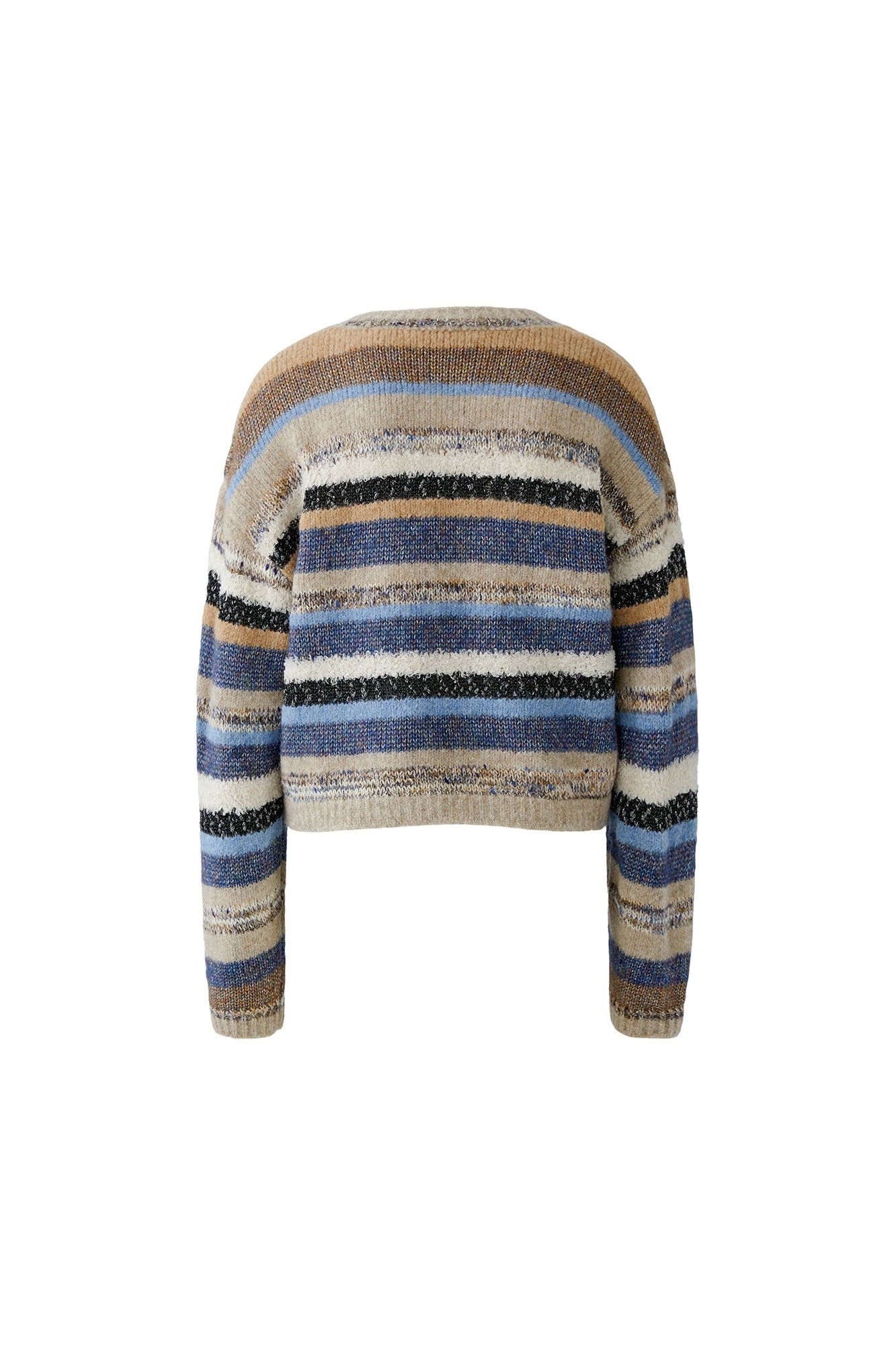 Vue arrière du tricot en maille rayée beige et bleue à épaules tombantes pour femme par Oui