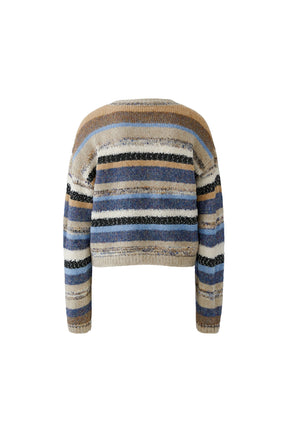 Vue arrière du tricot en maille rayée beige et bleue à épaules tombantes pour femme par Oui