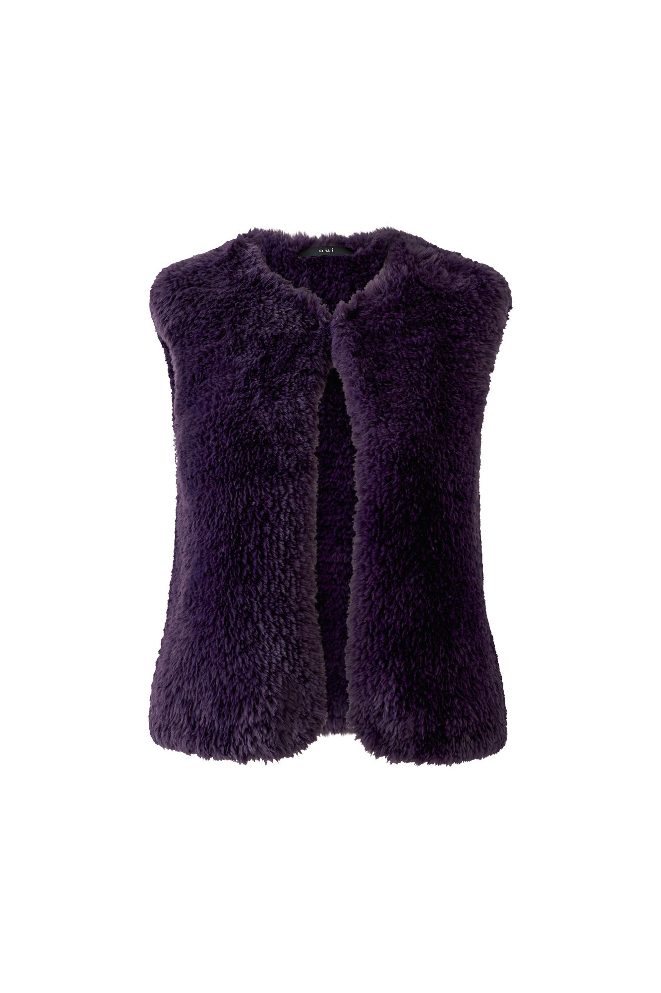 Oui women's dark purple faux fur sleeveless vest with open front and no visible closure, isolated front view