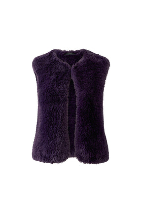 Oui women's dark purple faux fur sleeveless vest with open front and no visible closure, isolated front view