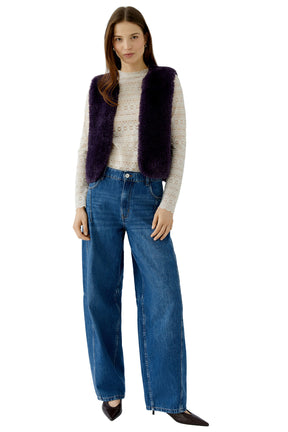 Oui women's full-length front view of dark purple faux fur sleeveless vest worn open over a lace top