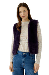 Oui women's front close view of dark purple faux fur sleeveless vest with open front and rounded neckline