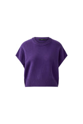 Oui women's purple short sleeve knit T-Shirt, front view with ribbed crew neck and wide ribbed hem