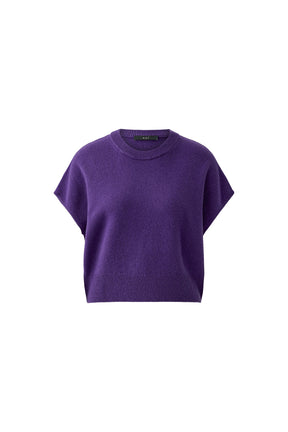 Oui women's purple short sleeve knit T-Shirt, front view with ribbed crew neck and wide ribbed hem