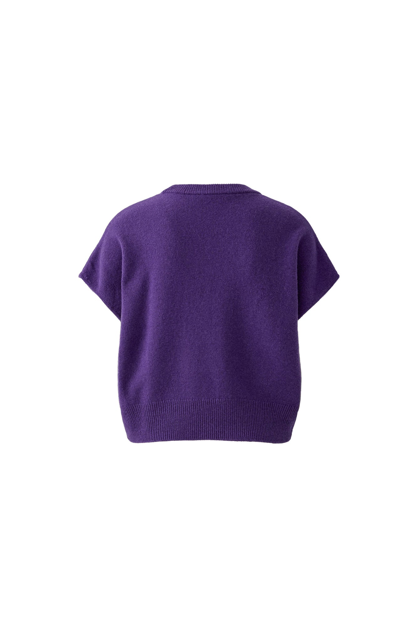 Women's purple short sleeve knit T-Shirt, back view with ribbed neckline and wide ribbed hem by Oui