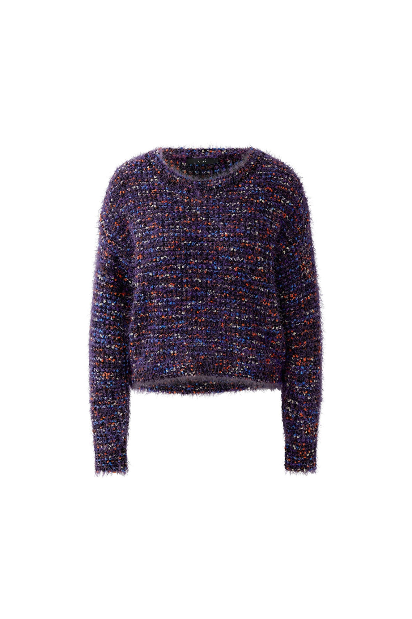 Oui women's purple multicolor fuzzy crewneck knit long-sleeve knit sweater with, isolated front view